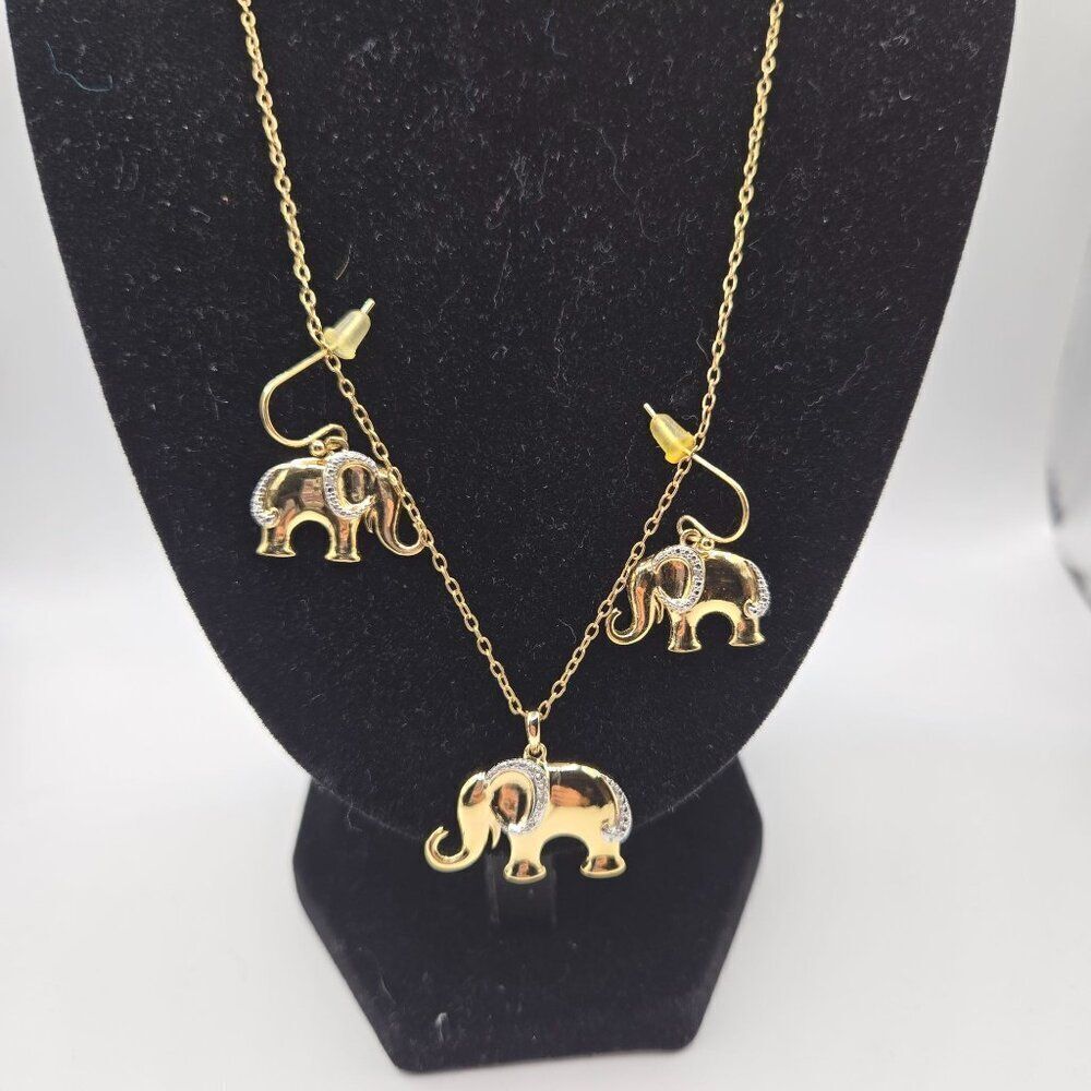 Gold Tone Elephant Necklace Earrings Set Crystal Accents 18"